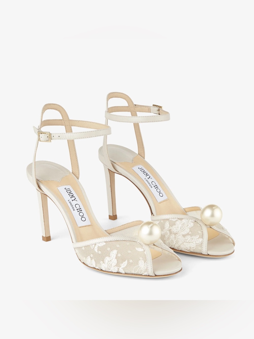 Jimmy Choo Sacora 85 MM Ivory Lace Peep-Toe Ankle Strap Heels with Pearl - Picture 15 of 16